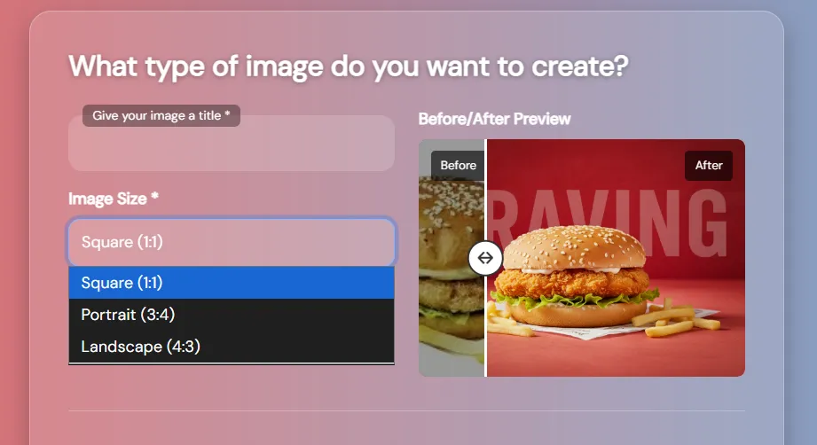 Image type and image size selection screenshot