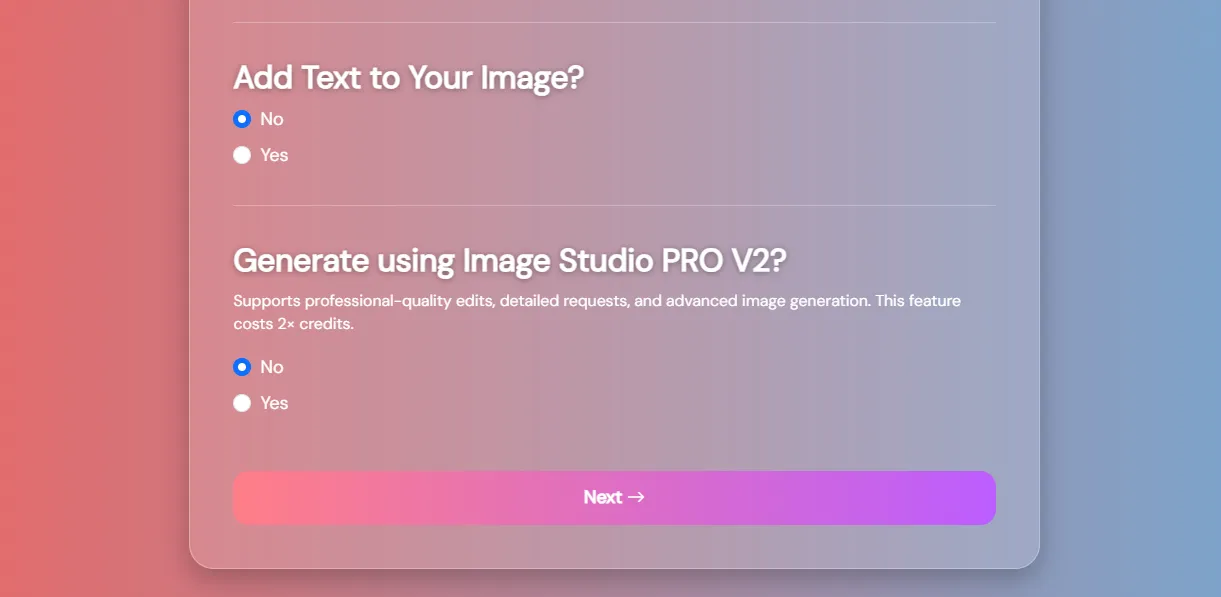 Image variation text and PRO V2 options screenshot