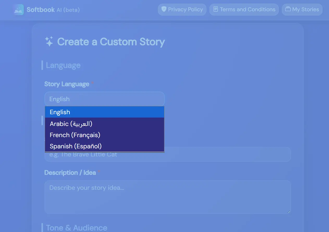 Story language title and description fields screenshot