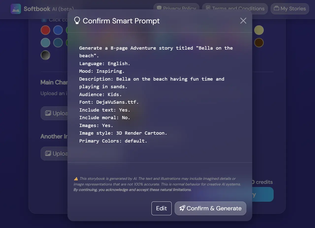 Confirm smart prompt and generate story screenshot